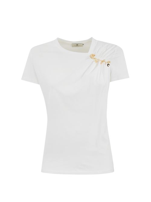 T-shirt in jersey Gesso con spilla gioiello Elisabetta Franchi | MA02851E2270